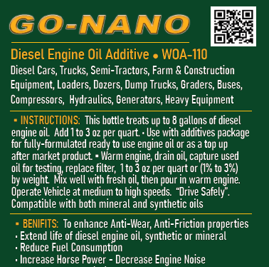 5. Go-Nano Diesel Engine Oil Top-up - Five Gallon Pail - Treats 160 gaGo-Nano Diesel Oil Additive, for ALL Diesel Engines, Semi, Truck, Tractor, Dump, Heavy Equipment, Cars Trucks Generators and compressors. Maximizes performance, reduGo-Nano-LubricantsGo Nano Diesel Oil Additive