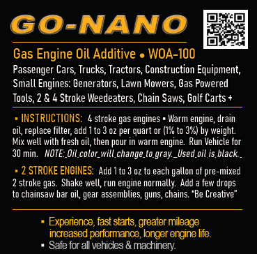 1. Go-Nano Gas Engine Oil Top-up - Trial Size to Full Quarts - Treats About Time to Change your Oil?
Time to try Go-Nano Top-ups.
Add Go-Nano oil additive to your next oil change and experience fast starts, a smoother running engine anGo-Nano-Lubricants-Nano Gas Engine Oil Top-